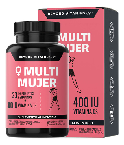 Multivitaminico De Mujer Con 23 Ingredientes + Vitamina D3 | Sin Saborizante | Suplemento Alimenticio | 60 Cápsulas
