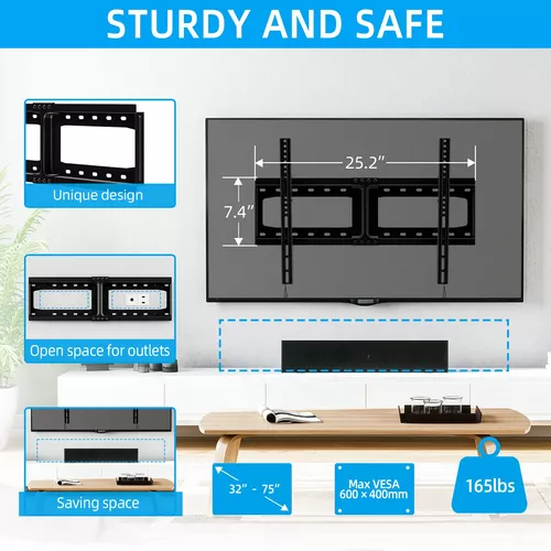 HOME VISION Soporte fijo de pared para TV, soporte de TV de perfil bajo  para televisores de 32 a 75 pulgadas, soporte de pared para TV Max VESA de