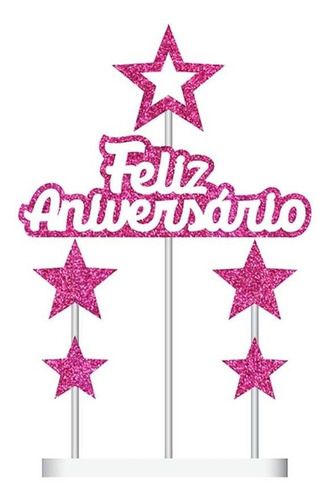 Topo De Bolo Feliz Aniversário Rosa Glitter