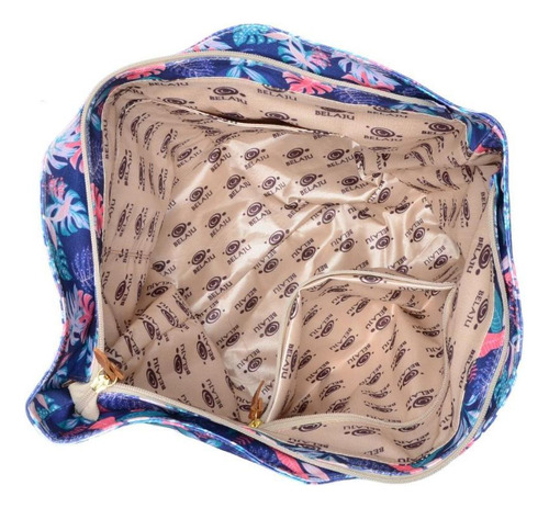 Bolsa Feminina Saco Estampada Floral Zíper + Necessaire Cor Azul