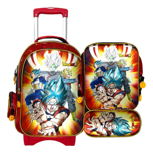 Kit Mochila Dragon Ball Lonch Lap Original Primaria Ruedas Rojo Rojo
