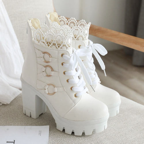 R Boot C1092 Moda Invierno Encaje Color Puro Tacón Alto Muje