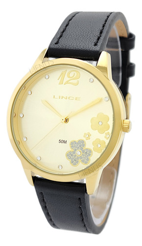 Kit Relógio Lince Com Colar E Brincos Feminino Correia Preto Bisel Dourado Fundo Creme