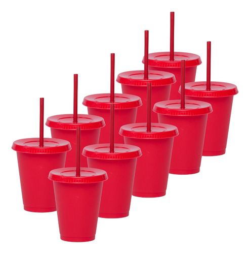 60 Vasos Reusables Con Popote Para Bebida Fría Mini 16 Oz Color Rojo