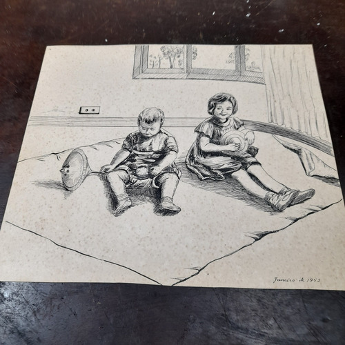 Imagem 2 de 7 de Pintura Desenho Nanquim Bico De Pena Datado 1953 Antigo
