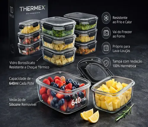 Kit 10 Pote De Vidro Marmita Hermético 640ml Freezer Fitness Thermex