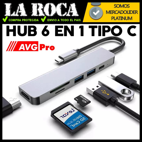 Imagen 4 de 10 de Adaptador Hub Macbook Air Pro Usb C 6 En 1 Hdmi Usb Sd