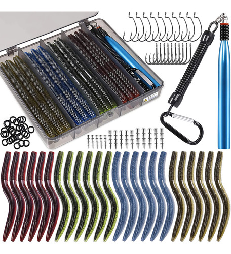 Kit De Señuelos De Pesca Plusinno Wacky Con Caja De Aparejos Kit De Señuelo De Pesca De Gusano Loco De 133 Piezas De 5.5 Pulgadas