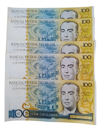 Kit 5un Cédulas 100 Cruzados Juscelino Kubitschek Sequencial (Usado)