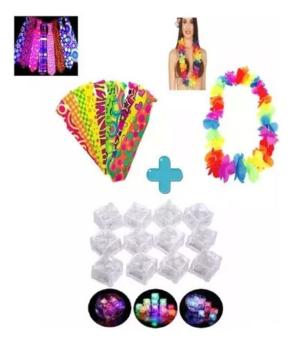 12 Cubos Luminoso+12 Collares Hawaianos +12 Corbatas Neon