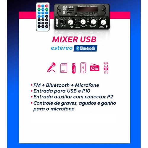 Mixer 12v Com Bluetooth Usb Microfone Entrada P10 Cartao Sd