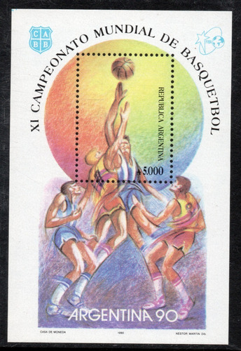 Argentina Bloc Mint Básquet = 11° Campeonato Mundial De Básquetbol Masculino = Ilustración De Néstor Martín Año 1990 