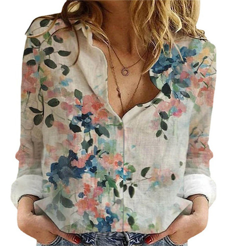 Camisa De Mujer Manga Larga Con Estampado Floral Y Solapa A1