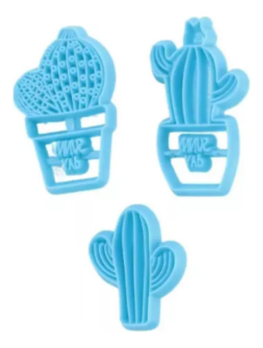 Set Cortantes Forma De Cactus X 3 Repostería Porcelana Color Celeste