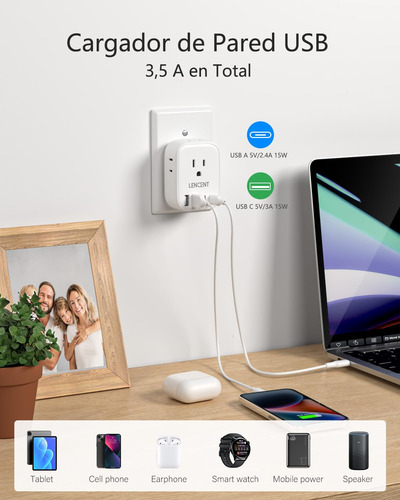 Adaptador Enchufe Tipo A Con 4 Salidas Ca Y 4 Usb