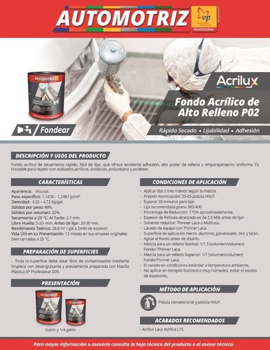 Fondo Acrílico De Alto Relleno P02 Vp Automotriz Galón