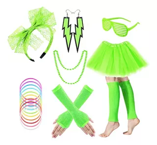 Kit Fiestas Neon Vestimenta 80s Outfit De Los 80 Mujeres Accesorios Para Mujer Dama Disfraz Niñas Tutus Pulseras Guantes Cotillón Disfraces Cosplay