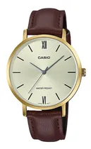 Comprar Reloj de pulsera Casio Dress LTP-VT01GL-9B de cuerpo color dorado, analógico, para mujer, fondo dorado, con correa de cuero color marrón, agujas color plateado, bisel color dorado