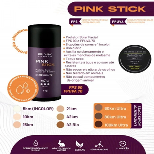 Protetor Solar Facial Pink Stick Pink Cheeks Fps 90 Cor 15km