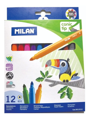 Marcadores X 12 Colores  Milan Punta Cónica Fibras 2 Trazos