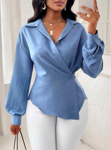 Top Camisero Ceñido Con Botones Y Solapa De Color Liso Para