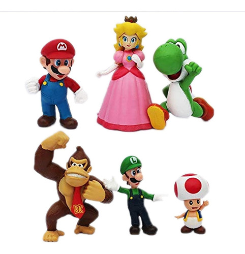 Kit 6 Bonecos Super Mario Bros Action Figure Miniatura Yoshi