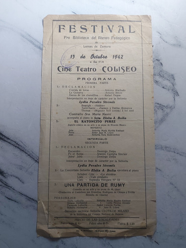 Imagen 1 de 4 de Antigua Ficha Festival Cine Teatro Coliseo 1942. Ian 548