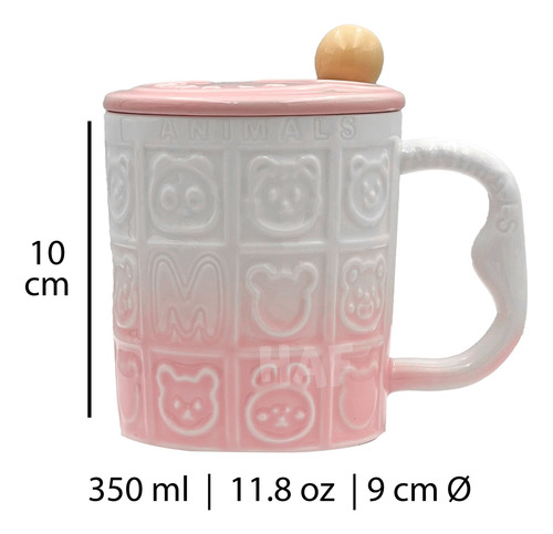 Taza De Cerámica Tapa Y Cuchara 350ml Animales Osito Gatito Rosa Pastel Animalitos