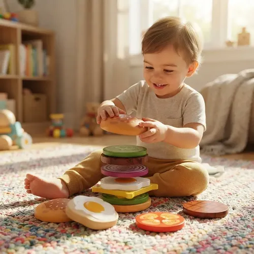 Brinquedo Hambúrguer Empilhável Madeira Infantil Marrom