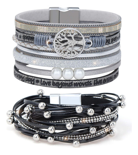 Gleamart Grey 2 Piezas De Pulsera De Cuero Multicapa Set Bea