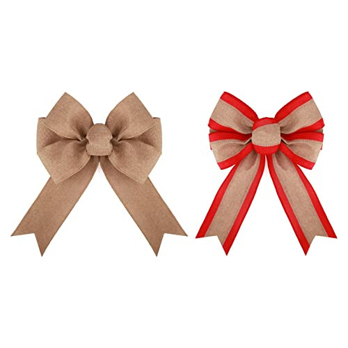 2 Pcs 12 X 8.8 Inch Big Bow With Natural Burlap With Re...