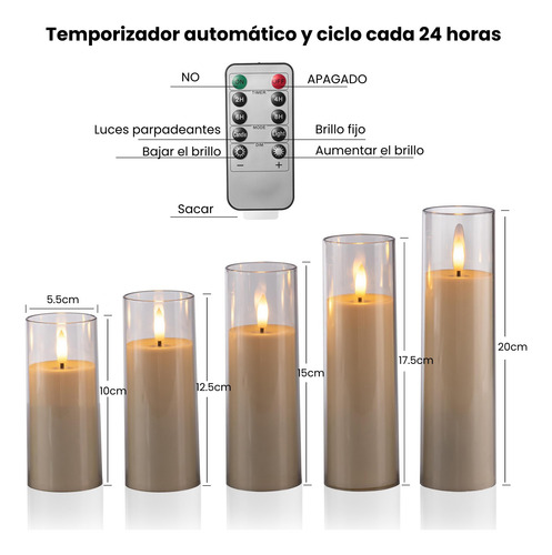 5pz Recargable Velas Led Parpadeantes Sin Llama Con Vidrio