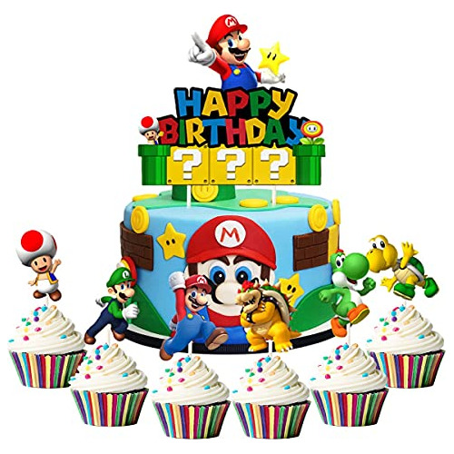 7 Piezas Acrílico Super Mario Feliz Cumpleaños Torta ...