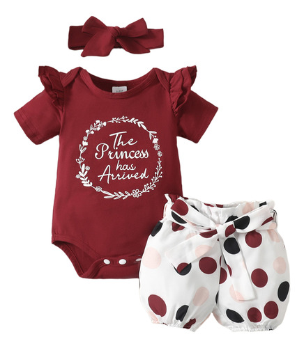 3pcs Conjunto Bebé Con Mameluco Shorts De Lunares Y Diadema Bordó 6-9 M