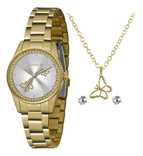 Kit Relógio Feminino Lince Strass Dourado