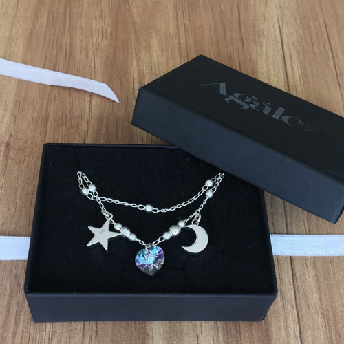Imagen 8 de 10 de Pulsera De Plata 925 Con Dijes De Luna, Estrella Y Swarovski