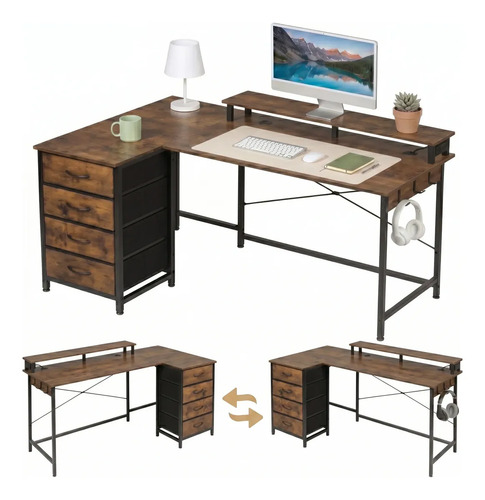 Portga Escritorio De Estilo Clásico, escritorio forma L Con Posición Ajustable, Con 4 Cajones, Dos Puertos Usb Y Dos Enchufes. Color Marrón