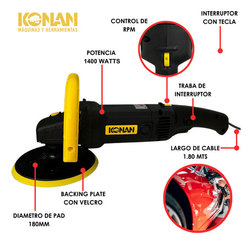 Pulidora Lustradora Konan Kpul/1400 180mm 600-3000 Rpm Color Negro Negro