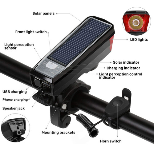 . Faro De Bicicleta Con Bocina Luz De La Cola Energía Solar