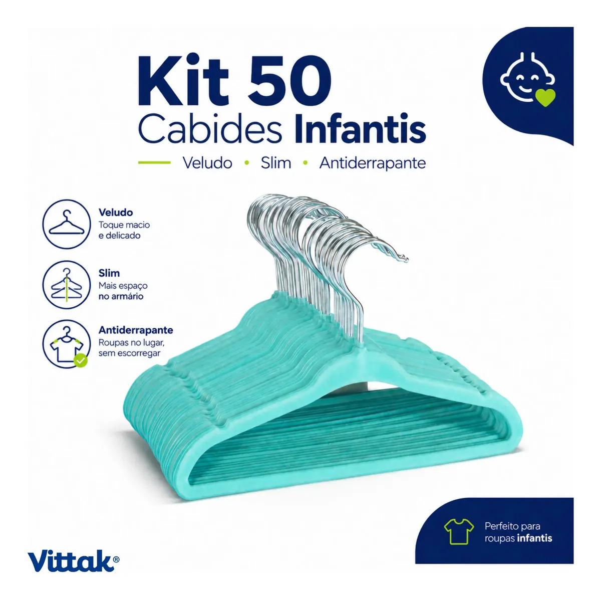 Vittak 50 Cabides De Veludo Infantil Ultrafino Slim Cor Azul