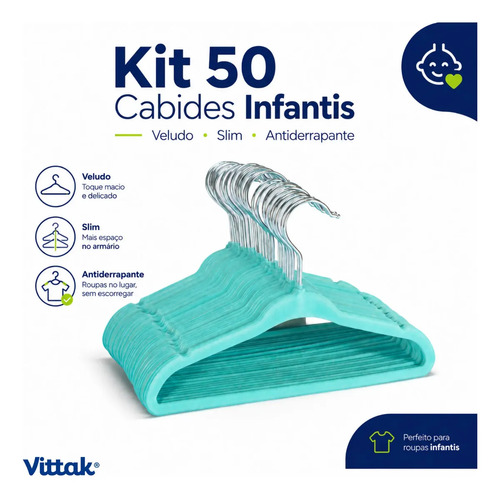 Vittak 50 Cabides De Veludo Infantil Ultrafino Slim Cor Azul