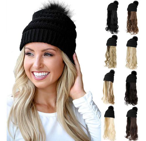 Qlenkay Gorro De Punto Con Extensiones De Pelo Largo Ondulad