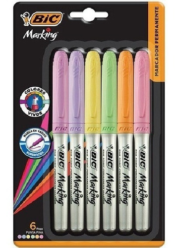 Marcadores Bic Marking Punta Fina X 6 Colores Pastel