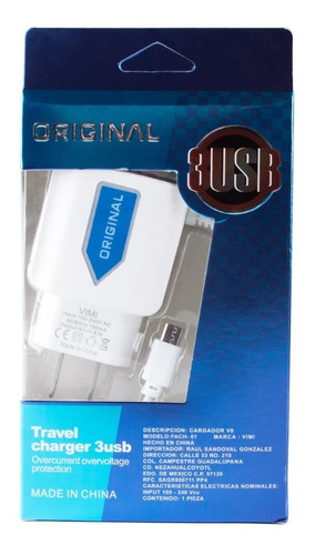 Cargador De Viaje Triple Usb V8 Microusb Carga Rapida 3.1 A
