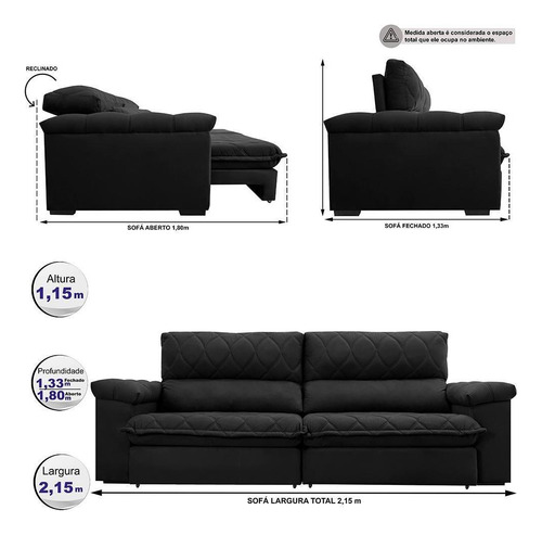 Sofá Retrátil Reclinável 2,15m Cama Inbox Big Home. Velusoft Cor Preto