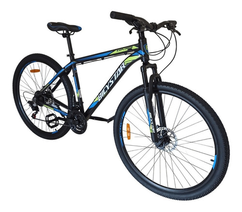 Mountain bike Bicystar MTB R26 21v frenos de disco mecánico color negro/azul con pie de apoyo