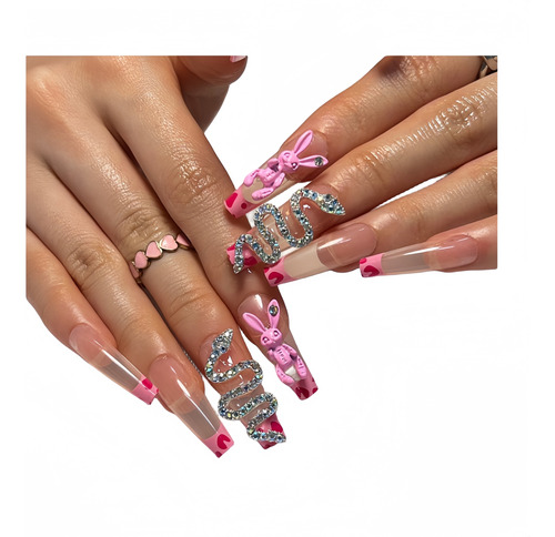 Manicura De Conejo Rosa Con Diamantes De Imitación, Diseño