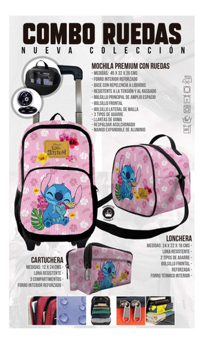 Stitch Rosado Mochila Con Ruedas - Combo