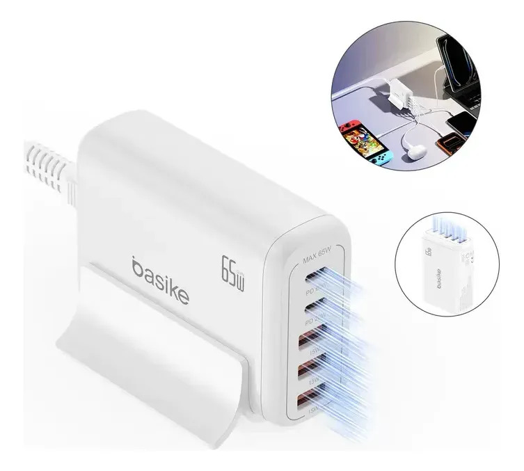 Carregador de Parede Rápido Basike 65W, 5 Portas USB A+C, Cabo Type‐C de 1,5m, Bivolt, Carrega Todos Seus Aparelhos, Compatível iPhone, Samsung e Motorola