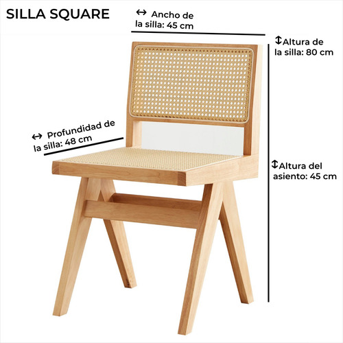 Silla De Comedor Square De Makom, Estructura De Madera De Roble Laqueada Natural. Respaldo Y Asiento En Rattan Esterillado Sintético. Asiento Reforzado Con Malla Tapicera De Polipropileno. Set X2 Unid